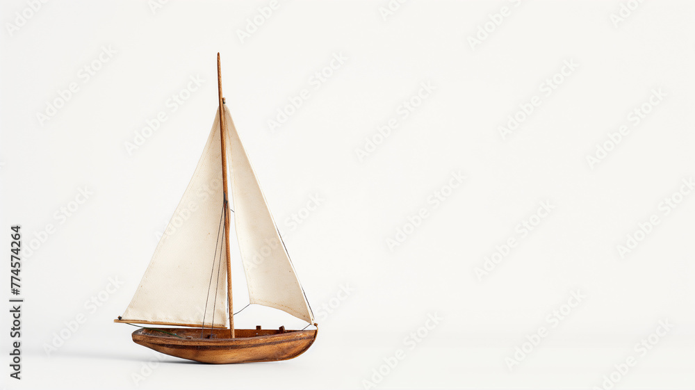 Vintage model sailboat on a clean white background.