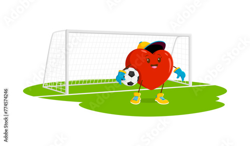 Cartoon soccer football goalkeeper heart character. Vector Valentines day personage with ball in hands, lively face and passionate expression, guarding the gates with love and determination on field