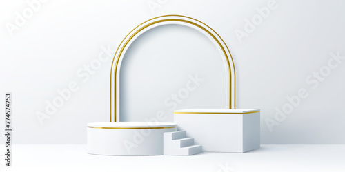 Product display podium stage with golden arch and stair. Realistic 3d vector round and rectangular platforms or pedestals with gold arc. Studio background mockup for cosmetics products presentation
