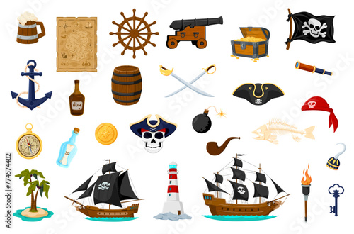 Cartoon sea pirate and corsair items. Treasure chest and map, sail ship and cannon. Helm, black flag with Jolly Roger and anchor, tricorn, bottle and island with palm tree. Lighthouse, pipe and torch