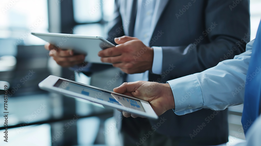 Business, finance and investment concept. Two businessmen in suits working together on project in office while use laptop and digital tablet. Business, finance and investment concept. Two businessmen in suits working together on project in office while use laptop and digital tablet.