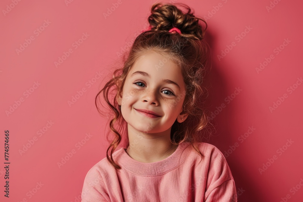 Portrait of a cute little girl with curly hair on a pink background Portrait of a cute little girl with curly hair on a pink background