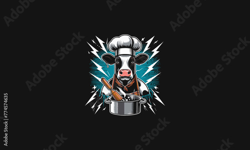head cow wearing hat cooking with background lightning vector artwork design