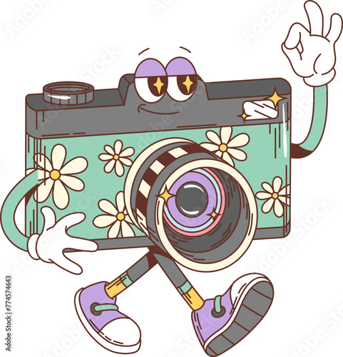 Cartoon groovy photo camera character. Isolated vector funky, hippie style photocamera personage adorned with vibrant daisy flowers and confident smile, showing ok gesture, exuding retro playful charm