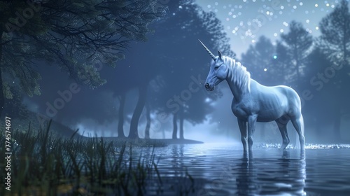 A captivating fantasy illustration of a mythical creature, A Unicorn against aesthetic magical scenery