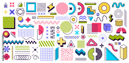 Abstract geometric Memphis shapes and elements. 80s or 90s hipster style pattern with colorful modern figures. Vector background with surreal linear details, dots, triangles and waves, trendy ornament © Buch&Bee