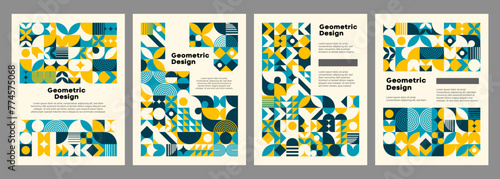 Modern yellow and turquoise abstract geometric pattern posters. Vector vertical backgrounds or cover templates with bold, vibrant hues intersect in a dynamic dance, embodying contemporary principles