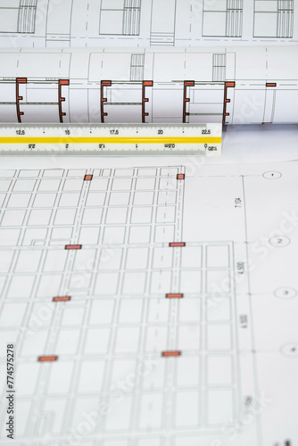 Structural and construction drawings of the floor slab of a building with beams, columns and a scalimeter. photo