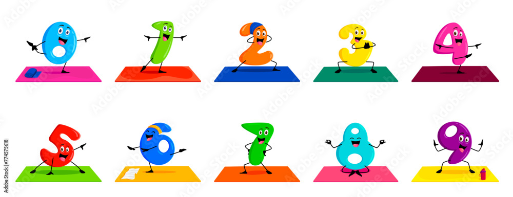 Naklejka premium Cartoon math number characters on yoga fitness sport, vector funny numerals. Kids mathematic numbers in workout pilates or yoga fitness and meditation, cute math numerical for kids count study