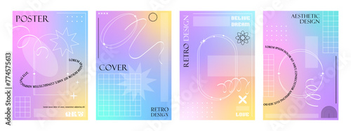 Color y2k aesthetic gradient brutal posters. Abstract hologram modern backgrounds with brutalism elements. Vector vertical cover templates with geometric figures, shapes and iridescent pastel colors