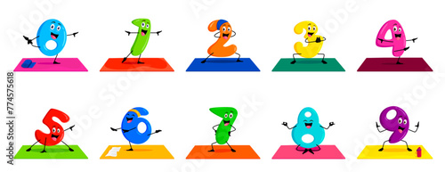 Cartoon math number characters on yoga fitness sport, vector funny numerals. Kids mathematic numbers in workout pilates or yoga fitness and meditation, cute math numerical for kids count study