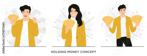 Flat vector people successfully invests his money stands with money in his hands