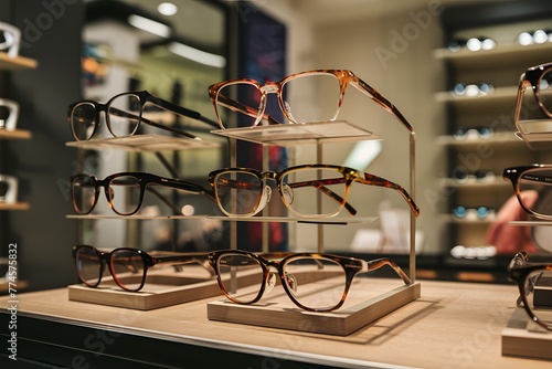 Glasses on display in optics store, eyewear fashion, retail photo photo