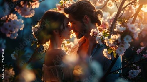 The essence of romance with a romantic couple sharing a tender moment, surrounded by blossoming flowers