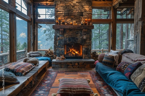 Cozy mountain cabin living room with a stone fireplace and wooden beamshigh detailed