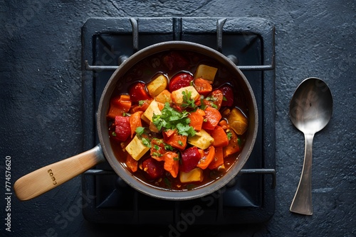 Healthy vegetarian stew cooked on rustic stove top burner