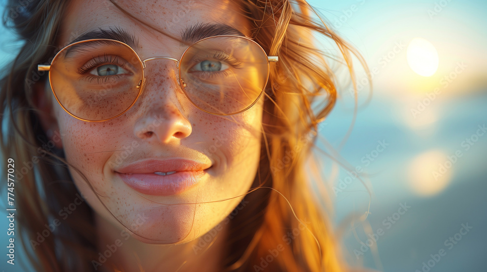 Portrait of a beautiful young contented woman with freckles wearing sunglasses on a sunny day. Portrait of a beautiful young contented woman with freckles wearing sunglasses on a sunny day.