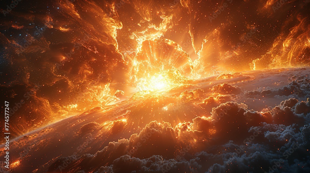 A view of a supernova explosion with its bright light and shockwave visible. Supernova destroying planet, illustration. A view of a supernova explosion with its bright light and shockwave visible. Supernova destroying planet, illustration.