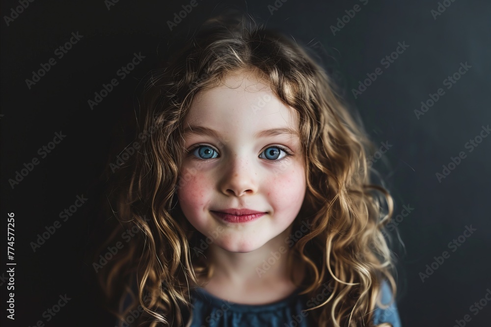 Portrait of cute little girl with long curly hair and blue eyes Portrait of cute little girl with long curly hair and blue eyes