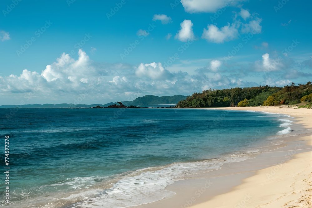 Idyllic beach panorama with clear blue sky and calm waves