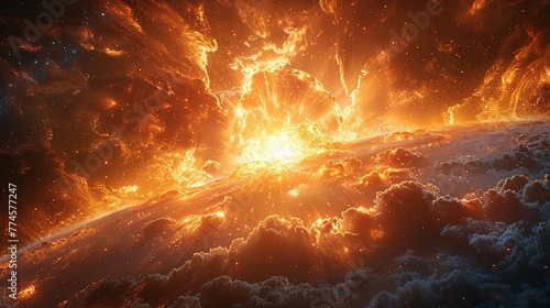 A view of a supernova explosion with its bright light and shockwave visible. Supernova destroying planet, illustration.