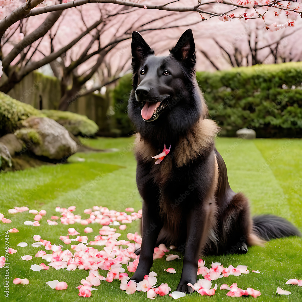 A cute Belgian Shepherd playing with fallen cherry blossom petals in a tranquil Japanese garden A cute Belgian Shepherd playing with fallen cherry blossom petals in a tranquil Japanese garden