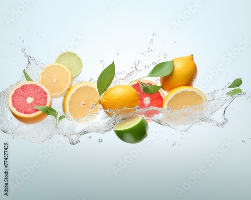 Citrus fruits dropping, water exploding around, highspeed capture, dramatic lighting, vibrant underwater hues pastel,3d render, novel, Tell a story