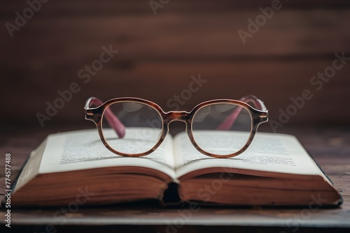 Image Old fashioned eyeglasses on book, still life, reading concept