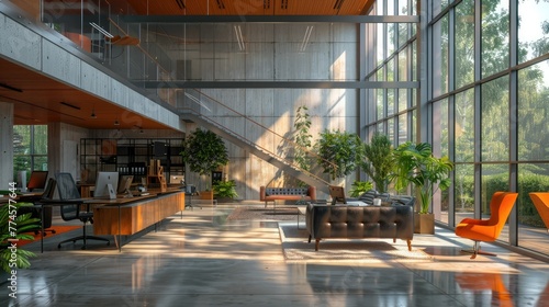 Modern office interior with large windows, wooden floors, and designer furniture.