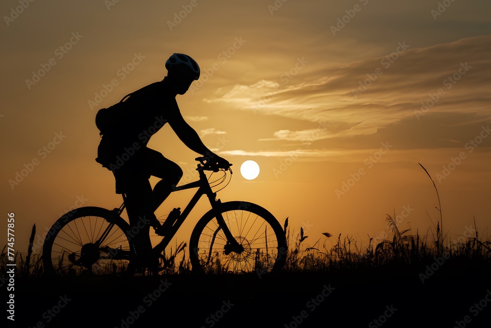 Img Silhouette of a happy cyclist in the meadow, outdoor recreation Img Silhouette of a happy cyclist in the meadow, outdoor recreation