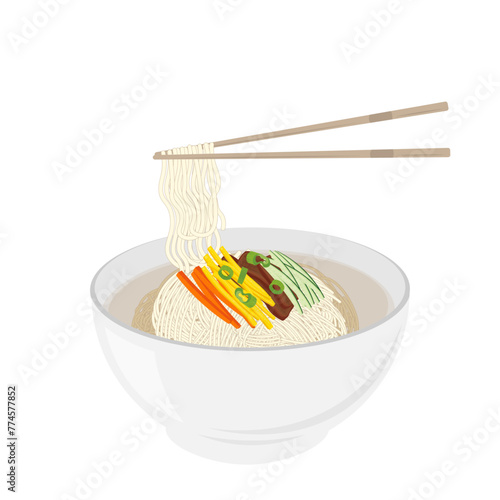 Vector illustration logo South Korea traditional Banquet Noodles or Janchi Guksu 