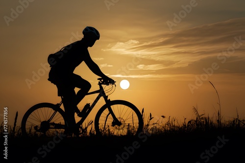 Img Silhouette of a happy cyclist in the meadow, outdoor recreation