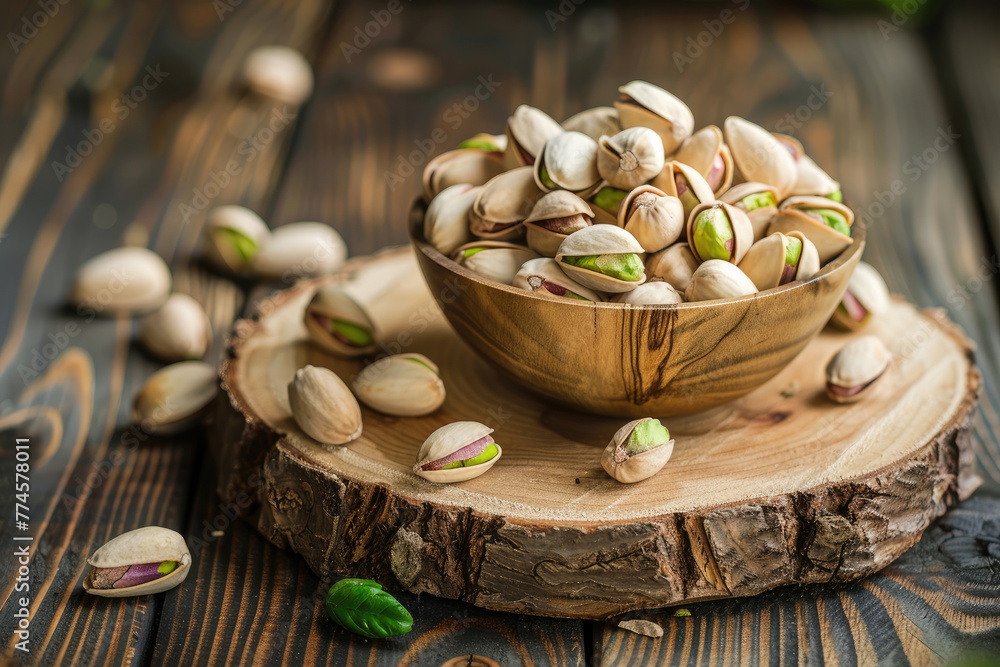 Wooden bowl with pistachios on a tree trunk cut on a wooden table