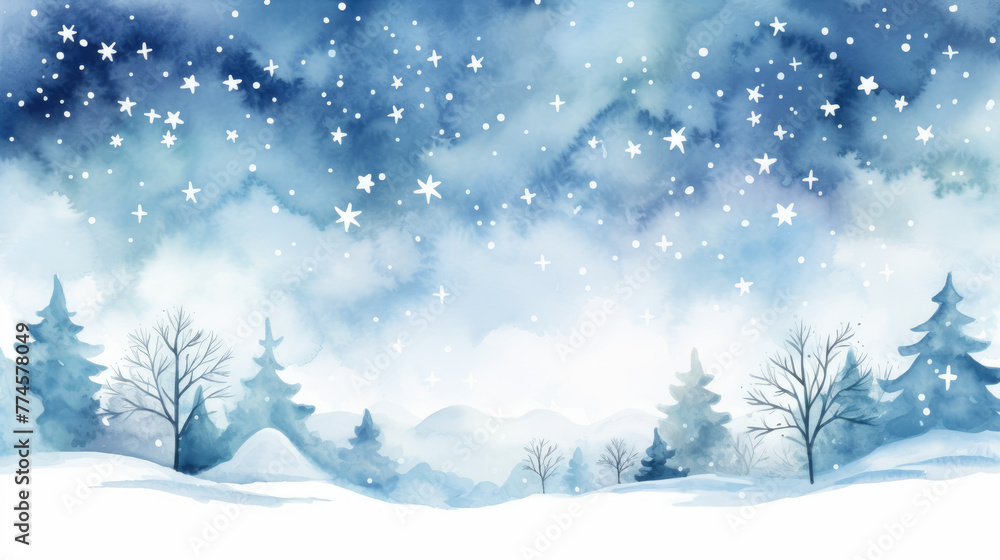 Misty forest mountain hill covered by snowfall and snowdrift. Winter background vector. Hand painted watercolor drawing for Christmas and Happy New Year season.