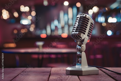 Img Vintage microphone on bar stage, retro audio equipment photo photo