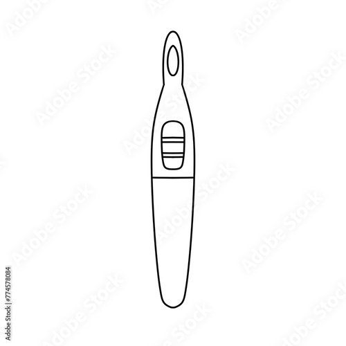 A small, thin, white object with a black handle. It is a stylized representation of a toothbrush