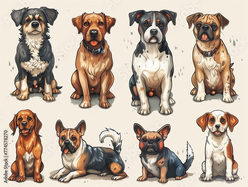 Set of dogs in doodle style, Generative AI.