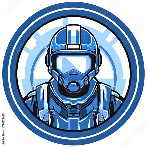 A logo of a soldier wearing a blue helmet