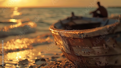 Golden Hour Serenity: An old boat whispers tales of the sea as the sun kisses the day goodbye. photo