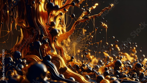 a close up of a spider web in a tree, liquid golden and black fluid, golden organic structures