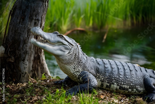 Magnificent alligator reclines near tree, exuding power and tranquility photo