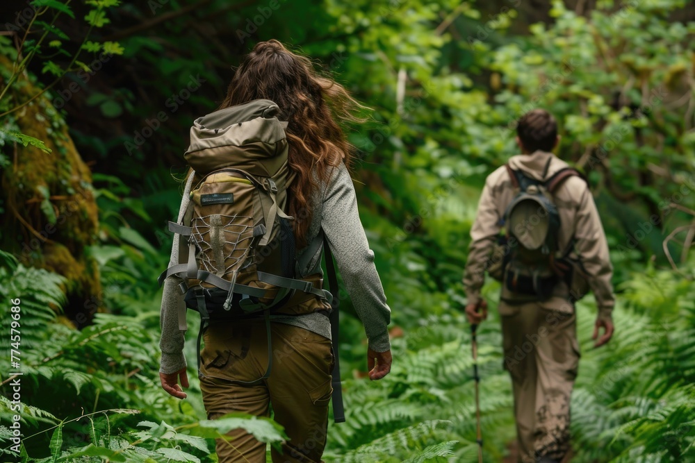 A woman and a man with a backpack hikes through a lush green forest.