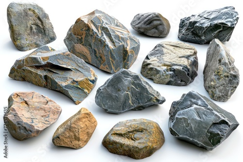 Various types of stones, rocks, and stone varieties isolated on a white background. 