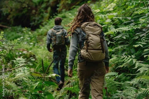 A woman and a man with a backpack hikes through a lush green forest.