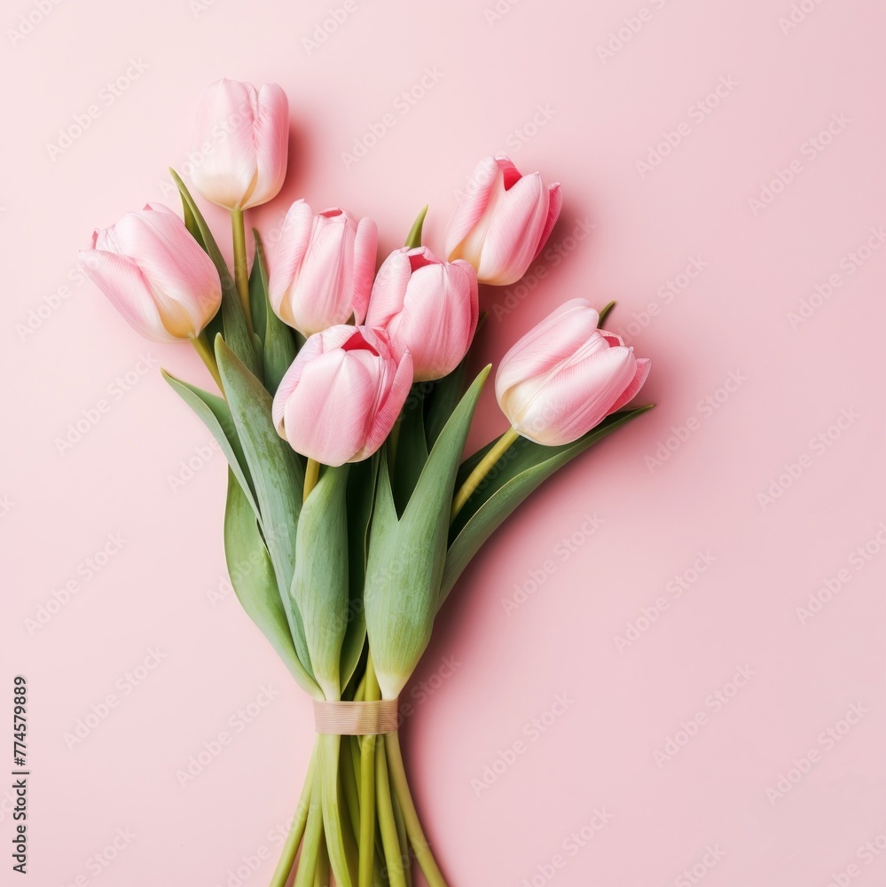 Fototapeta premium Bouquet of spring flowers pink tulips on light pink background