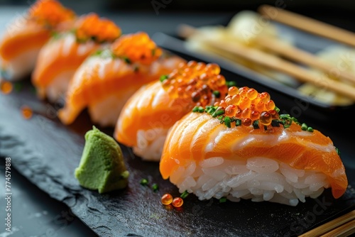 A close-up shot of salmon nigiri sushi with bright orange roe and a dollop of creamy wasabi paste.