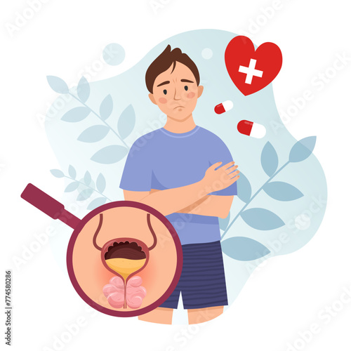 Vector medical poster prostatitis. Diseases of the male genitourinary system. A man with prostatitis.
