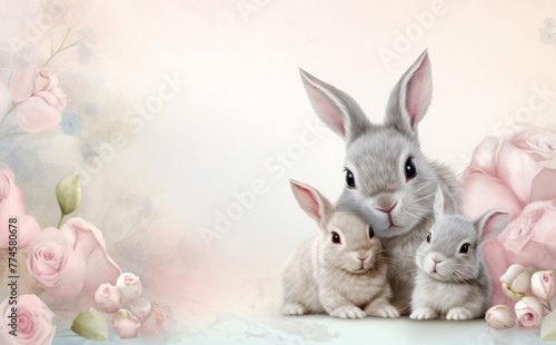 Rabbit-mother with her kits -bunnies among pink spring flowers clip art. Free copy space. Easter, Mother's Day, Birthday card.