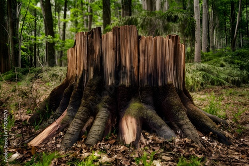 Old stump, remnant of felled tree trunk, stands in solitude photo