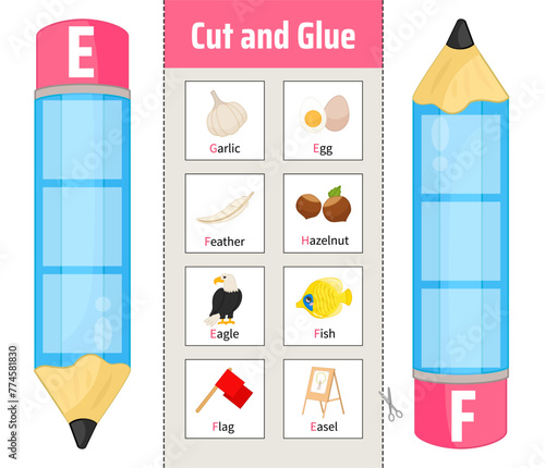 Vector material for children to learn the alphabet. Cut out the cards and glue them onto pencils.
